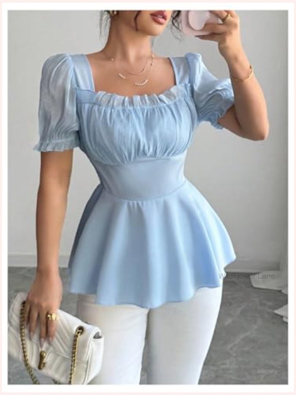 Women's Elegant Peplum Top with Puff Sleeve and Ruched Bust - Picture 2 of 5